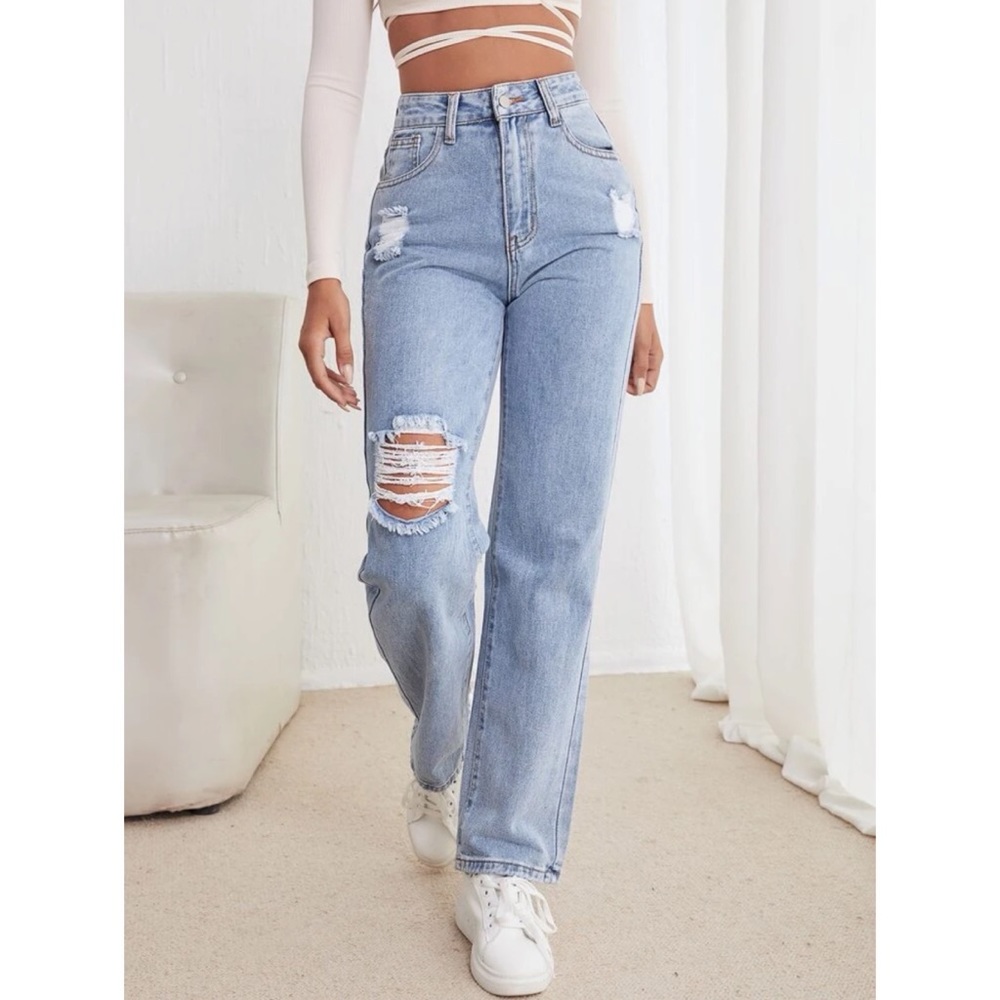 Shein high waist straight leg ripped jeans